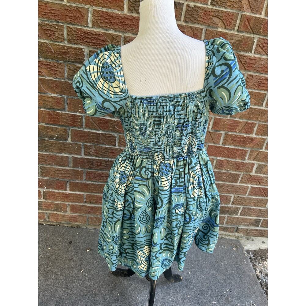 House of Harlow Linen Blend Blue Teal Floral Print Puff Sleeve Mini Dress Large - Picture 6 of 6